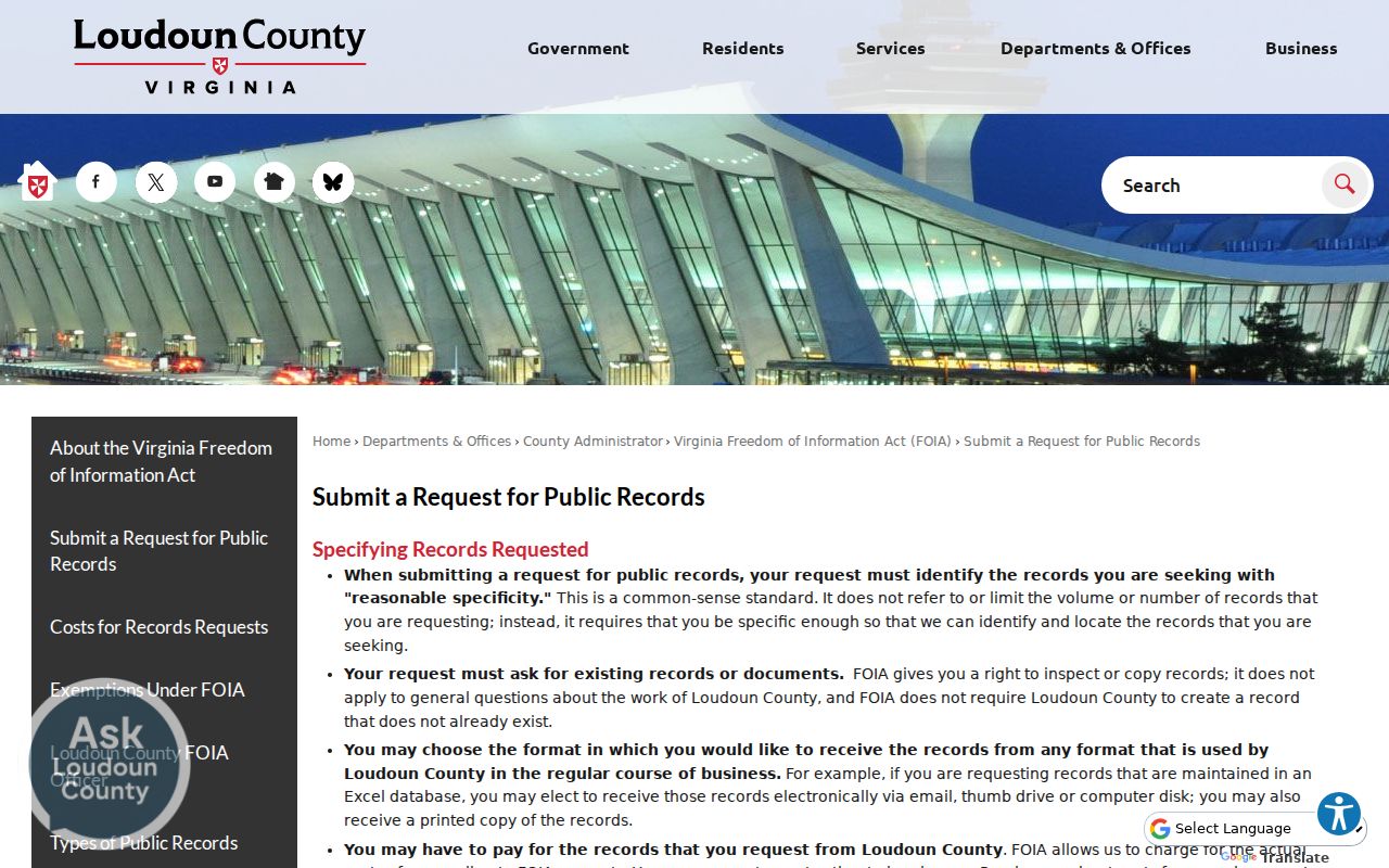 Loudoun County warrant record request instructions under Virginia FOIA