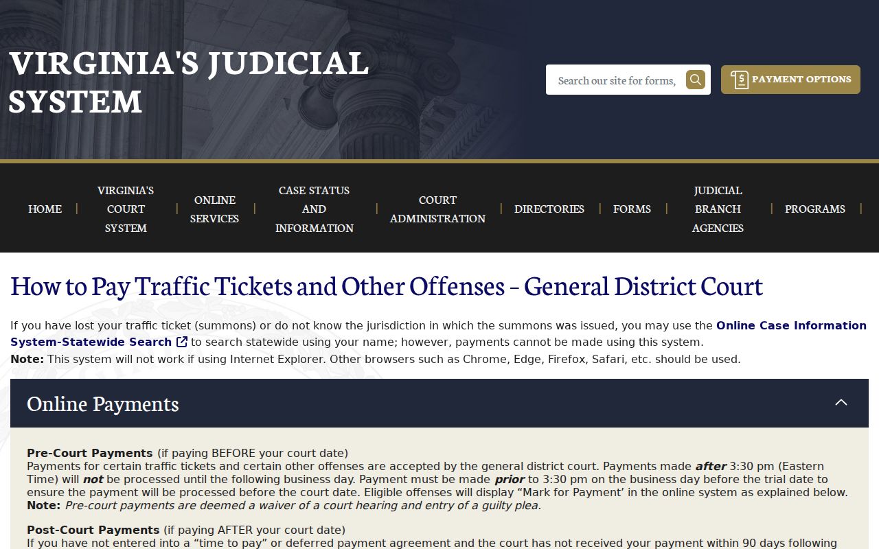 Loudoun County traffic warrant case search and payment interface