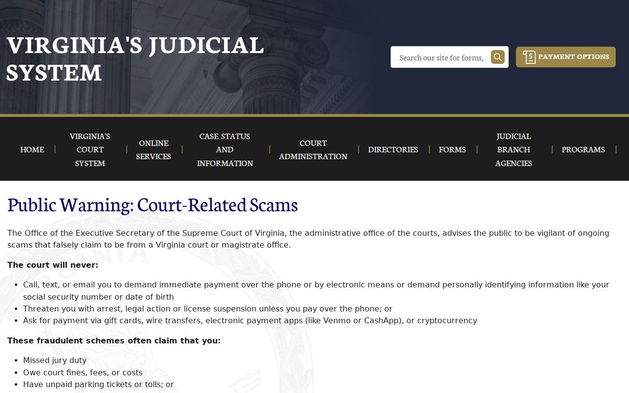 Official court warning about Loudoun County warrant impersonation scams