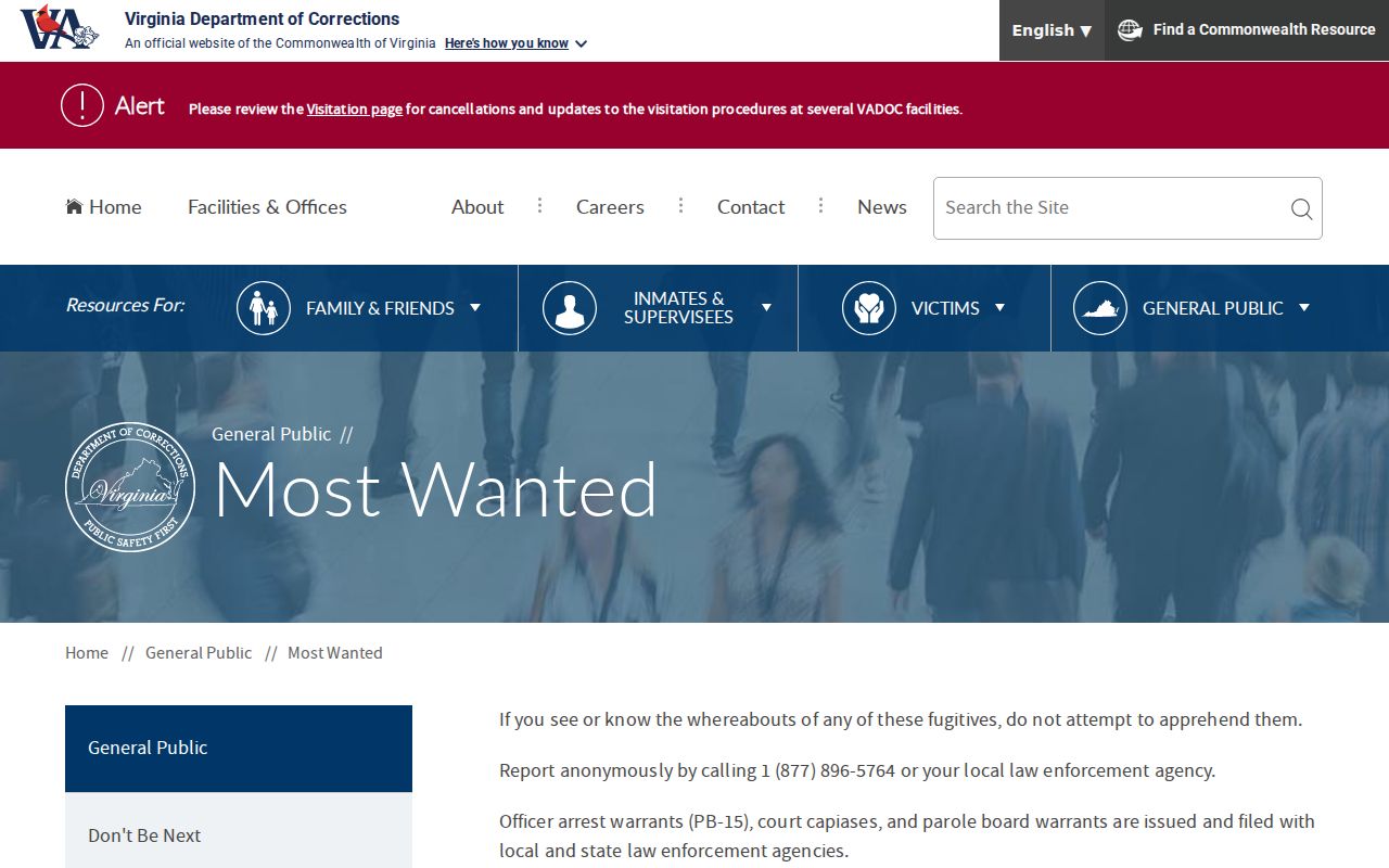 Loudoun County warrant records are separate from the Virginia Department of Corrections Most Wanted page