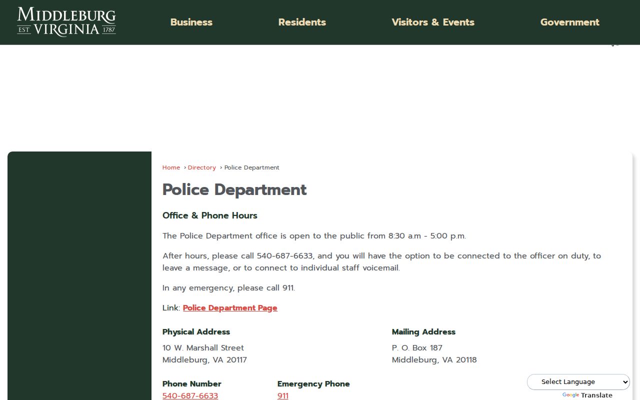 Middleburg warrant routing begins with the official town police contact when a local police question is involved