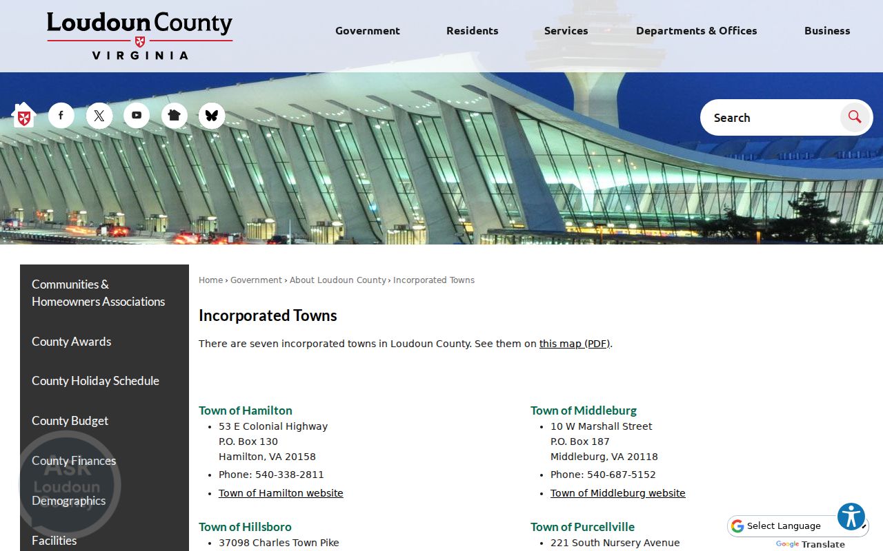 Loudoun County warrant records town routing and incorporated-town contacts